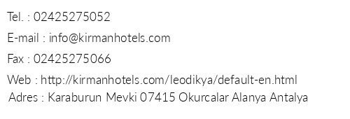 Kirman Hotels Leodikya Resort telefon numaralar, faks, e-mail, posta adresi ve iletiim bilgileri
